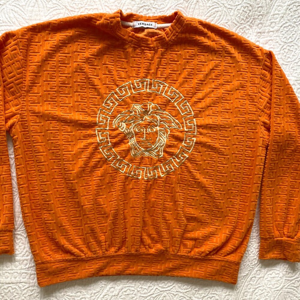 Versace Orange Velvet Raised Pattern with Embroidered Medusa Head